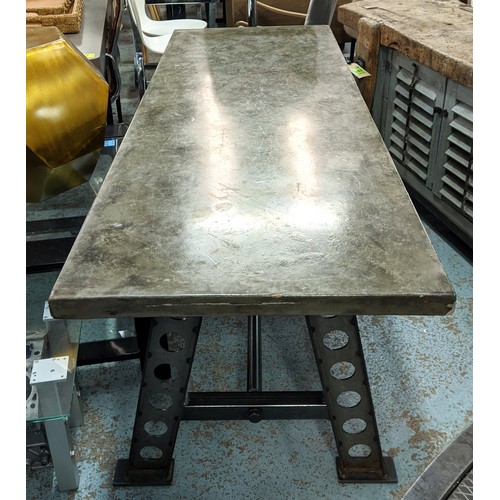 431 - INDUSTRIAL STYLE TABLE, 70cm D x 80cm H x 200cm L, the metallic style top on cast metal supports.