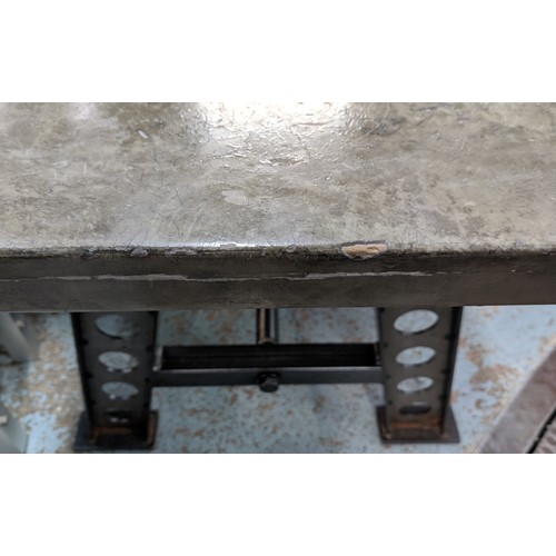 431 - INDUSTRIAL STYLE TABLE, 70cm D x 80cm H x 200cm L, the metallic style top on cast metal supports.