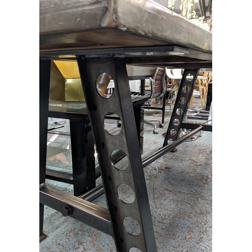 431 - INDUSTRIAL STYLE TABLE, 70cm D x 80cm H x 200cm L, the metallic style top on cast metal supports.