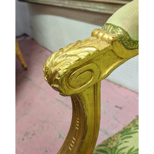 140 - LOUIS XVI STYLE GILTWOOD CANAPE, 19th century gilt gesso applied decoration, green silk floral patte... 