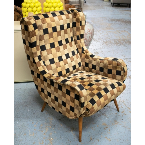 379 - ARMCHAIR, vintage 1950s, 66cm x 100cm H, bent ply arms, in original checked Moquette velvet fabric, ... 