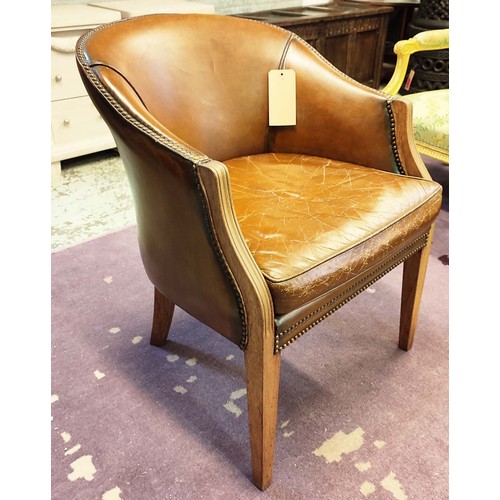 372 - ARMCHAIR, mid 20th century, brown leather upholstered mahogany arms and legs, 82cm H x 62cm 