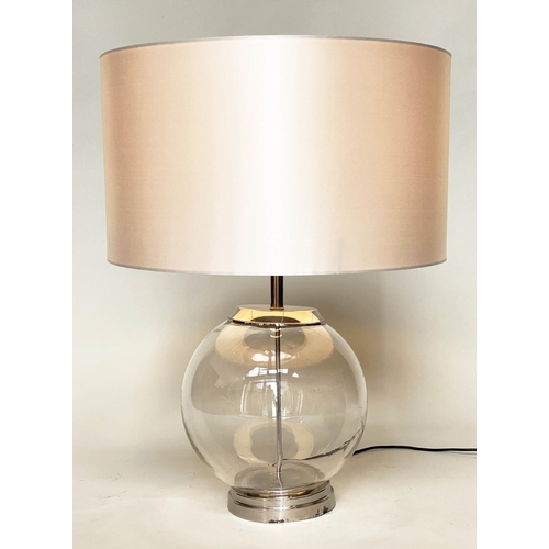 370 - TABLE LAMP, glass with chromium base, circular silk drum shade, 83cm H.