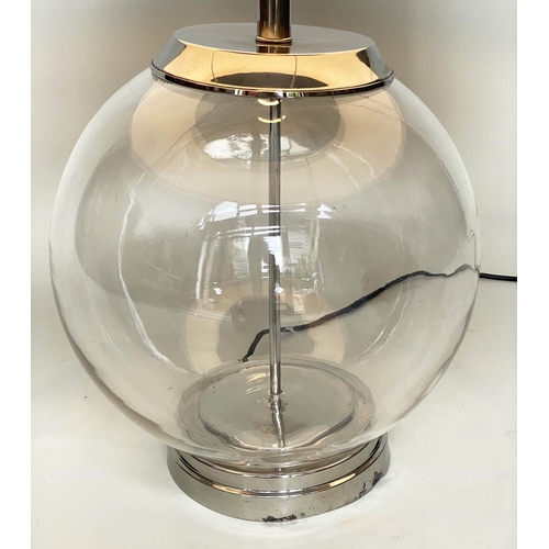 370 - TABLE LAMP, glass with chromium base, circular silk drum shade, 83cm H.