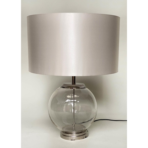 370 - TABLE LAMP, glass with chromium base, circular silk drum shade, 83cm H.