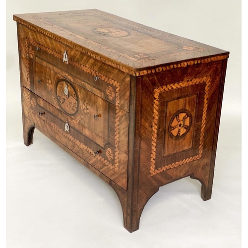 392 - NORTH ITALIAN COMMODE, 18th century Lombardy walnut and marquetry commode with three drawers, circa ... 