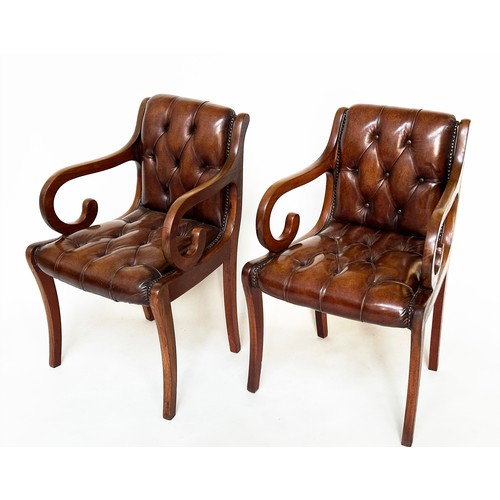 127 - ARMCHAIRS, a pair, Regency style mahogany with buttoned mid brown leather upholstery and scroll arms... 