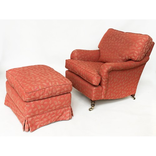 128 - ARMCHAIR AND STOOL, Howard style in the manner of George Smith, terracotta woven leaf fabric upholst... 