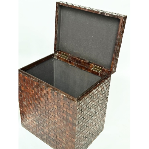 130 - TRUNK/LAMP TABLES, a pair, woven leather each hinged, 57cm x 57cm x 62cm H. (2)