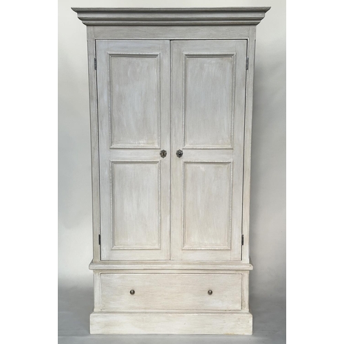 137 - ARMOIRE, French style traditionally grey painted with two panelled doors, enclosing hanging space ab... 