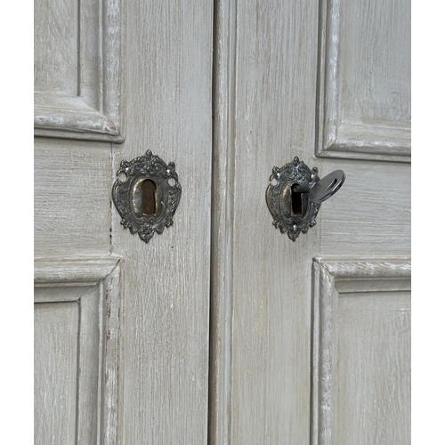 137 - ARMOIRE, French style traditionally grey painted with two panelled doors, enclosing hanging space ab... 