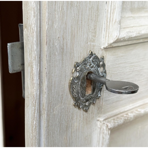 137 - ARMOIRE, French style traditionally grey painted with two panelled doors, enclosing hanging space ab... 