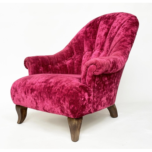 364 - JOHN SANKEY ARMCHAIR, claret red velvet chenille upholstered with buttoned and channeled back and sh... 