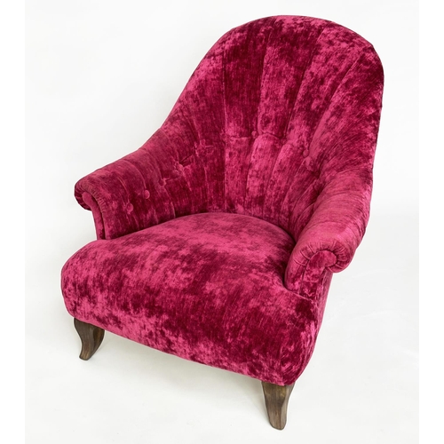 364 - JOHN SANKEY ARMCHAIR, claret red velvet chenille upholstered with buttoned and channeled back and sh... 