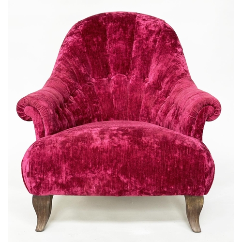 364 - JOHN SANKEY ARMCHAIR, claret red velvet chenille upholstered with buttoned and channeled back and sh... 