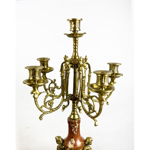 18 - CANDELABRA, a pair, Italian 'brevettato', brass and marble with figural cherubs. (2)