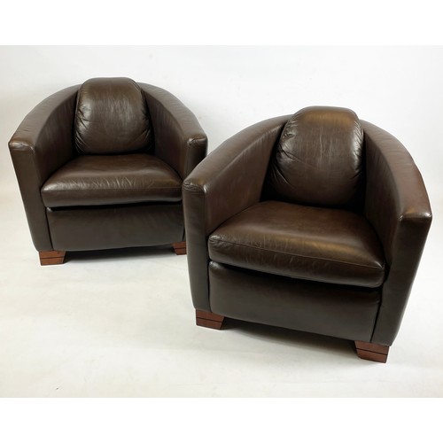 432 - AVIATOR STYLE ARMCHAIRS, a pair, Timothy Oulton style soft brown leather on shaped wooden feet, 81cm... 