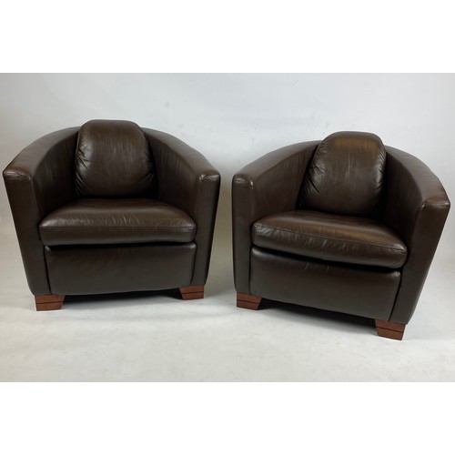 432 - AVIATOR STYLE ARMCHAIRS, a pair, Timothy Oulton style soft brown leather on shaped wooden feet, 81cm... 