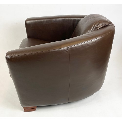 432 - AVIATOR STYLE ARMCHAIRS, a pair, Timothy Oulton style soft brown leather on shaped wooden feet, 81cm... 