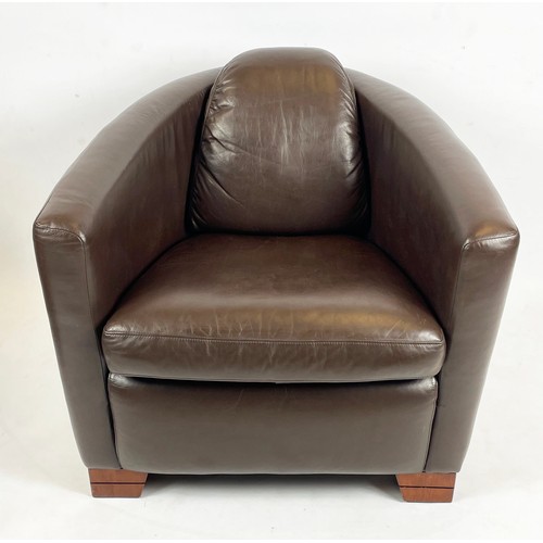 432 - AVIATOR STYLE ARMCHAIRS, a pair, Timothy Oulton style soft brown leather on shaped wooden feet, 81cm... 