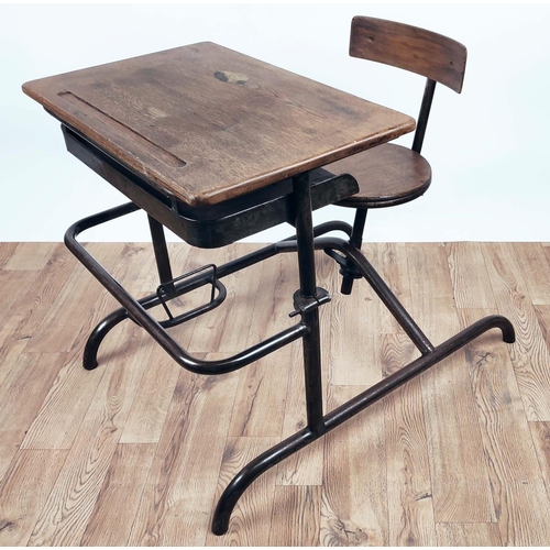 330 - SCHOOL DESK, vintage 20th century steel and oak, dip to hold pencils and bag holder, 74cm H x 69cm W... 