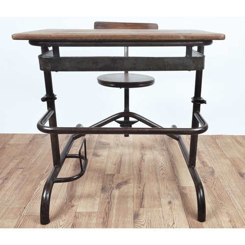 330 - SCHOOL DESK, vintage 20th century steel and oak, dip to hold pencils and bag holder, 74cm H x 69cm W... 