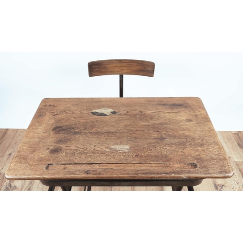 330 - SCHOOL DESK, vintage 20th century steel and oak, dip to hold pencils and bag holder, 74cm H x 69cm W... 