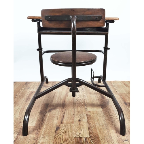 330 - SCHOOL DESK, vintage 20th century steel and oak, dip to hold pencils and bag holder, 74cm H x 69cm W... 