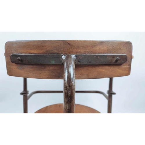 330 - SCHOOL DESK, vintage 20th century steel and oak, dip to hold pencils and bag holder, 74cm H x 69cm W... 