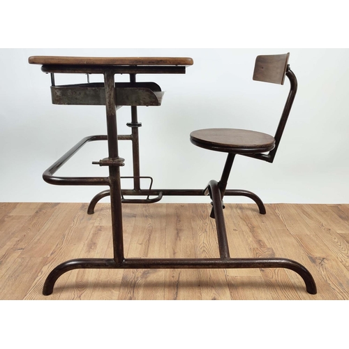 330 - SCHOOL DESK, vintage 20th century steel and oak, dip to hold pencils and bag holder, 74cm H x 69cm W... 