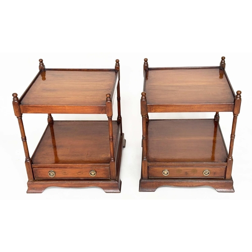 101 - LAMP TABLES, a pair, George III design figured mahogany each with two tiers and a drawer, 46cm W x 4... 