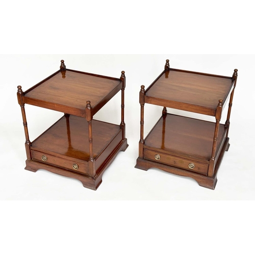 101 - LAMP TABLES, a pair, George III design figured mahogany each with two tiers and a drawer, 46cm W x 4... 