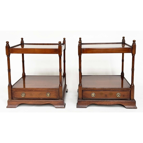 101 - LAMP TABLES, a pair, George III design figured mahogany each with two tiers and a drawer, 46cm W x 4... 