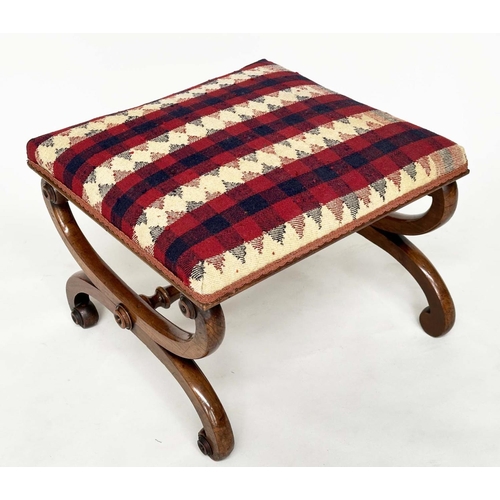 102 - KELIM HEARTH STOOL, 19th century walnut square with X frame carved support and Jajim Kelim (South We... 