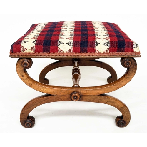 102 - KELIM HEARTH STOOL, 19th century walnut square with X frame carved support and Jajim Kelim (South We... 