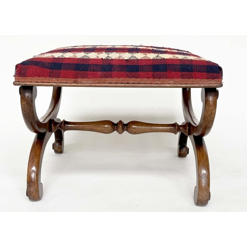 102 - KELIM HEARTH STOOL, 19th century walnut square with X frame carved support and Jajim Kelim (South We... 