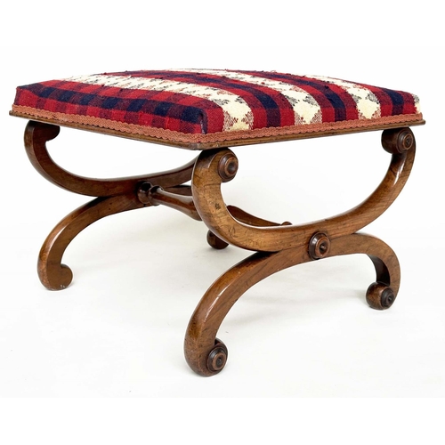 102 - KELIM HEARTH STOOL, 19th century walnut square with X frame carved support and Jajim Kelim (South We... 