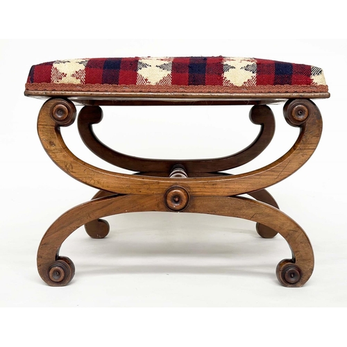 102 - KELIM HEARTH STOOL, 19th century walnut square with X frame carved support and Jajim Kelim (South We... 