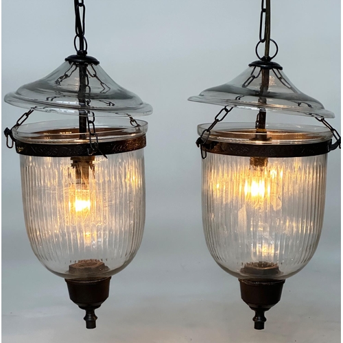 104 - BELL JAR HALL LANTERNS, a pair, glass reeded tapering and bronze style mounted, 58cm H x 34cm W. (2)