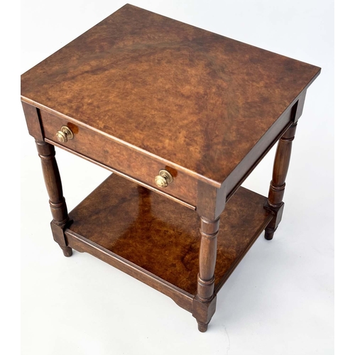 105 - LAMP TABLES, a pair burr walnut each with frieze drawer and undertier, 51cm W x 43cm D x 55cm H. (3)