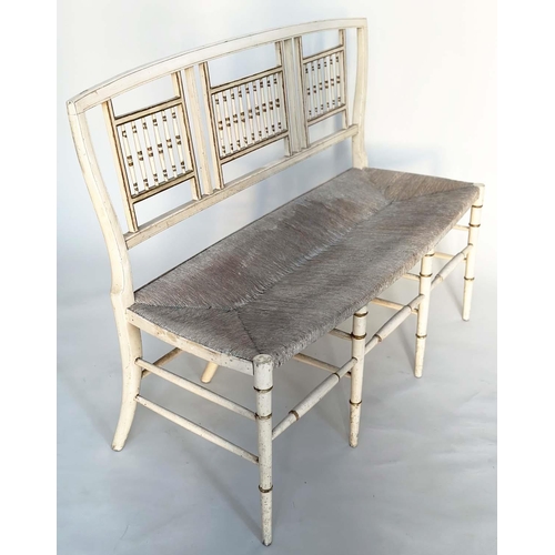 106 - HALL BENCH, 19th century dual painted with spindle back and rush woven seat, 116cm W.