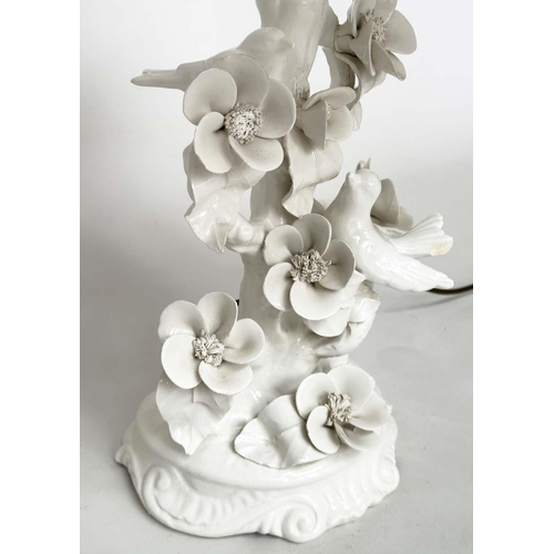 108 - TABLE LAMP, Italian ceramic/porcelain modelled as dove amongst blossom, with shade, 60cm H.