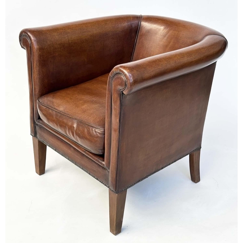 109 - LIBRARY ARMCHAIR, tub form mid brown natural leather upholstered with rounded back and arms and tape... 