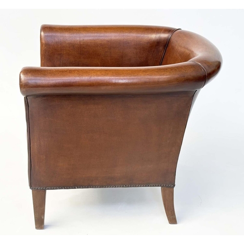 109 - LIBRARY ARMCHAIR, tub form mid brown natural leather upholstered with rounded back and arms and tape... 