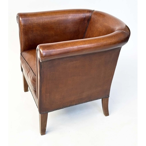 109 - LIBRARY ARMCHAIR, tub form mid brown natural leather upholstered with rounded back and arms and tape... 