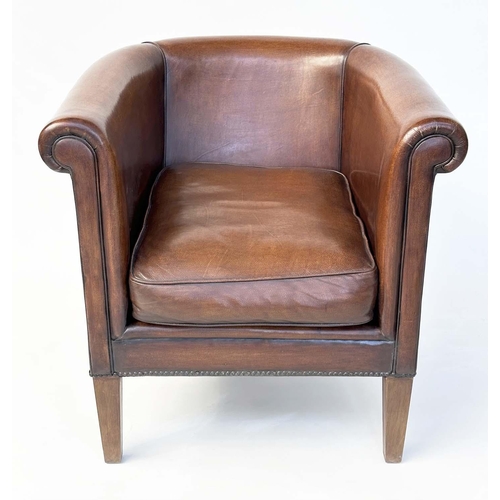 109 - LIBRARY ARMCHAIR, tub form mid brown natural leather upholstered with rounded back and arms and tape... 