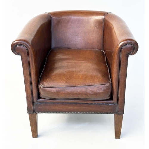 109 - LIBRARY ARMCHAIR, tub form mid brown natural leather upholstered with rounded back and arms and tape... 