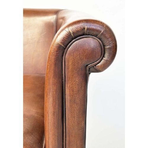 109 - LIBRARY ARMCHAIR, tub form mid brown natural leather upholstered with rounded back and arms and tape... 