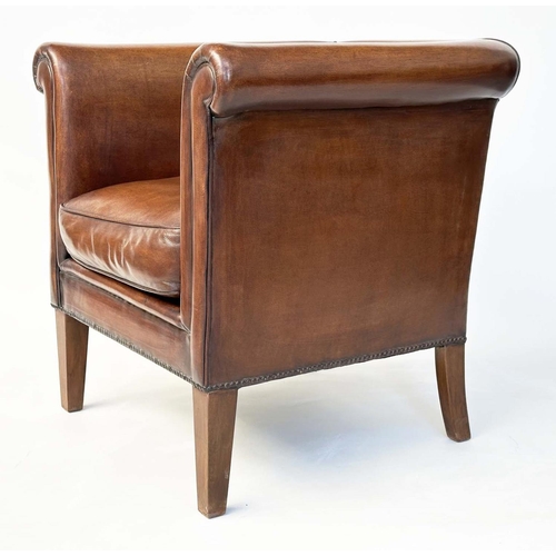 109 - LIBRARY ARMCHAIR, tub form mid brown natural leather upholstered with rounded back and arms and tape... 