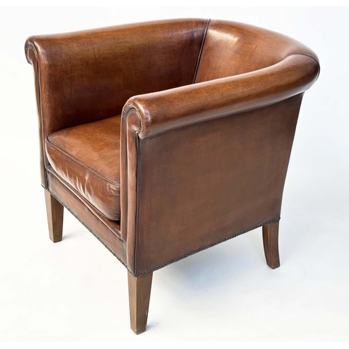 109 - LIBRARY ARMCHAIR, tub form mid brown natural leather upholstered with rounded back and arms and tape... 